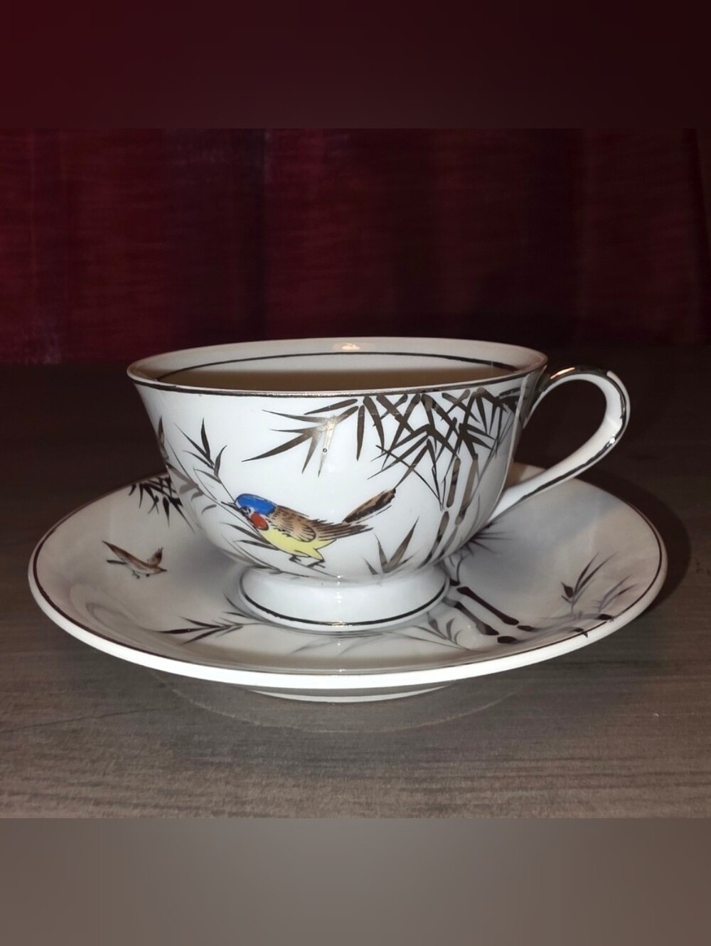 Vintage Japanese Kutani Footed Porcelain Teacup & Saucer Set Birds & Bamboo